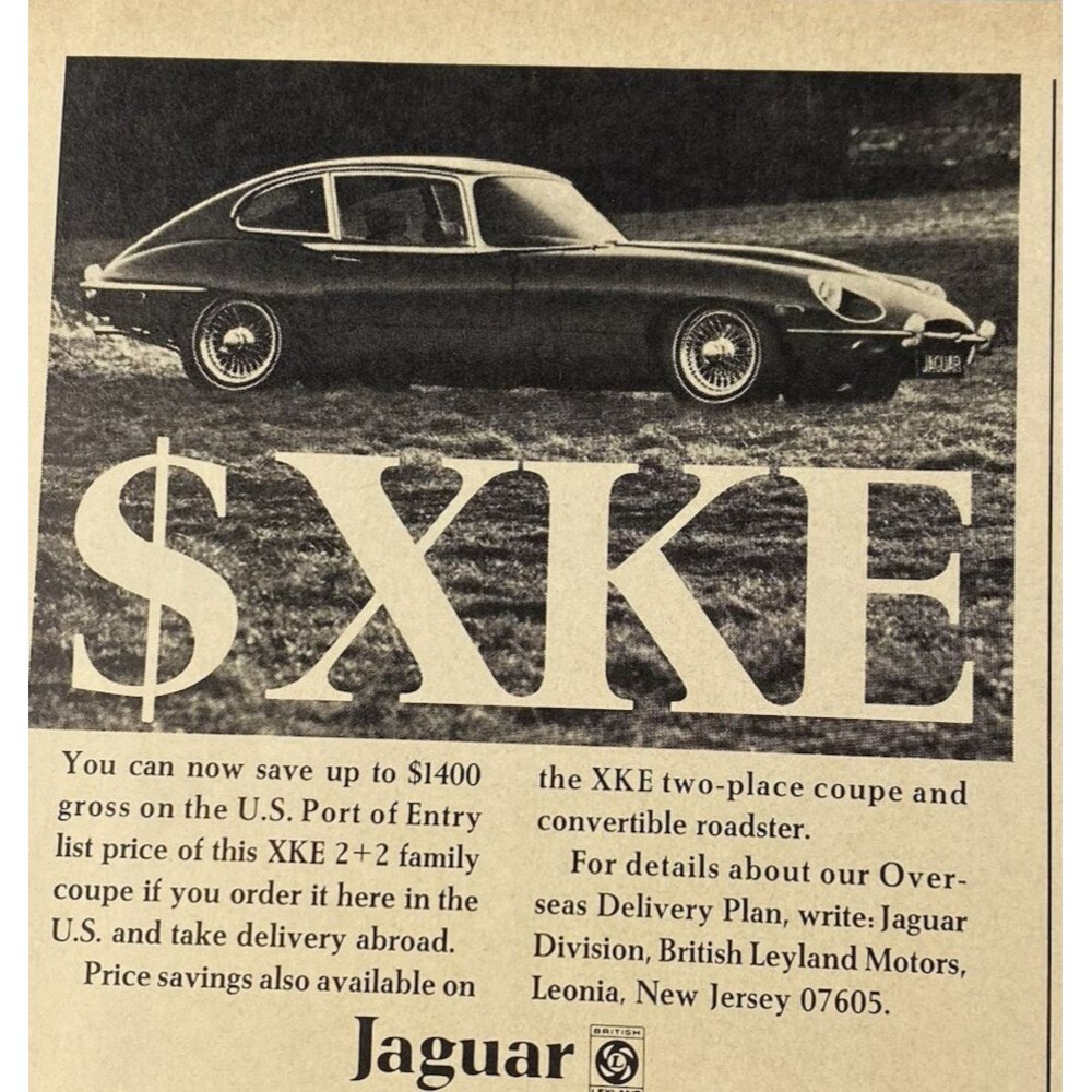 Jaguar XKE two-place coupe & Convertible Roadster" Vintage Print Ad 1969